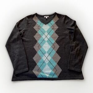 3/$25 Sale! Croft & Barrow Women's Sweater Medium Gray Teal White Argyle Acrylic